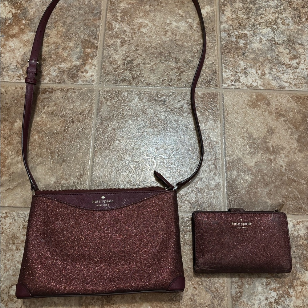 Kate Spade Sparkling Maroon Crossbody Bag and Wallet